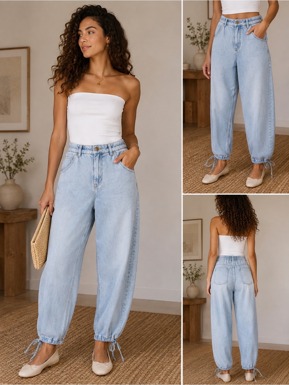 Zara Light Wash Blue Boyfriend Jeans with Drawstring Ankles